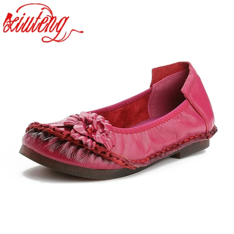 Genuine Leather Women Casual Flower Flat Round Toe Style Boat Shoes Soft Comfortable Best Nursing Shoes For Flat Feet
