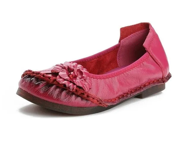 Shoes For Flat Footed Genuine Leather Women Casual Flower Flat Round Toe Style Boat Shoes Soft Comfortable