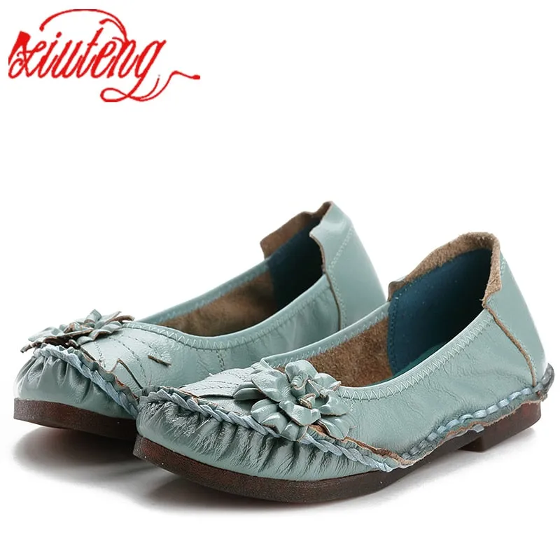 Punk Flats Shoes Genuine Leather Women Casual Flower Flat Round Toe Style Boat Shoes Soft Comfortable