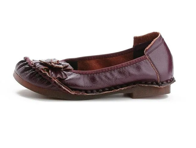 Genuine Leather Women Casual Flower Flat Round Toe Style Boat Shoes Soft Comfortable Flat Embellished Wedding Shoes