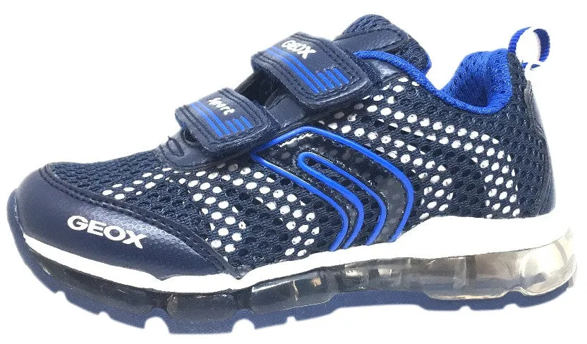 Geox Respira Boy's Android Navy & White Mesh Light Up Double Hook and Loop Sneaker Asics Shoes For The Gym