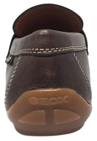 Geox Respira Boy's J Fast Coffee Smooth Leather Upper Detail Stitching Slip On Dress Moccasin Loafer Shoe Asic Gel Shoes