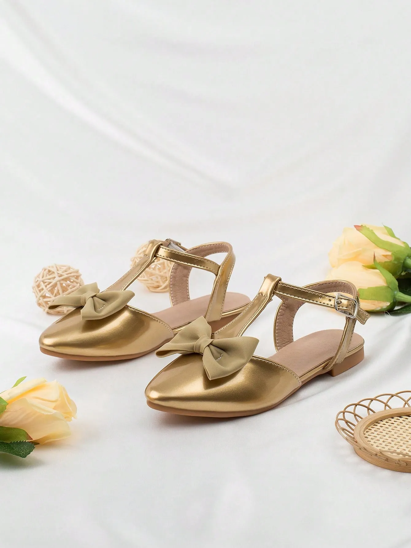 Asics Gum Sole Shoes Girls Bow Decor Point Toe Ankle Strap Flats For Party