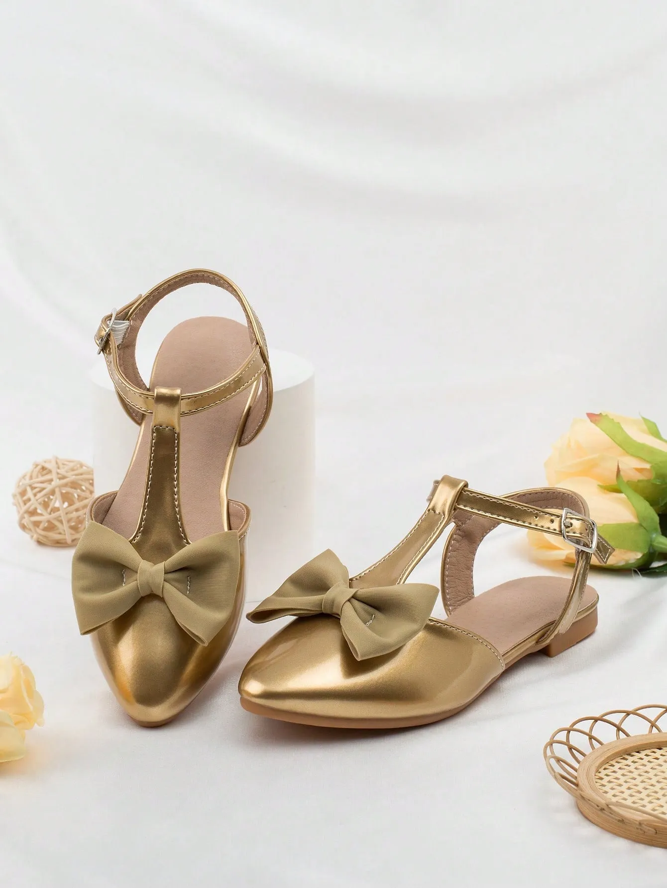 Girls Bow Decor Point Toe Ankle Strap Flats For Party Old Asics Running Shoes