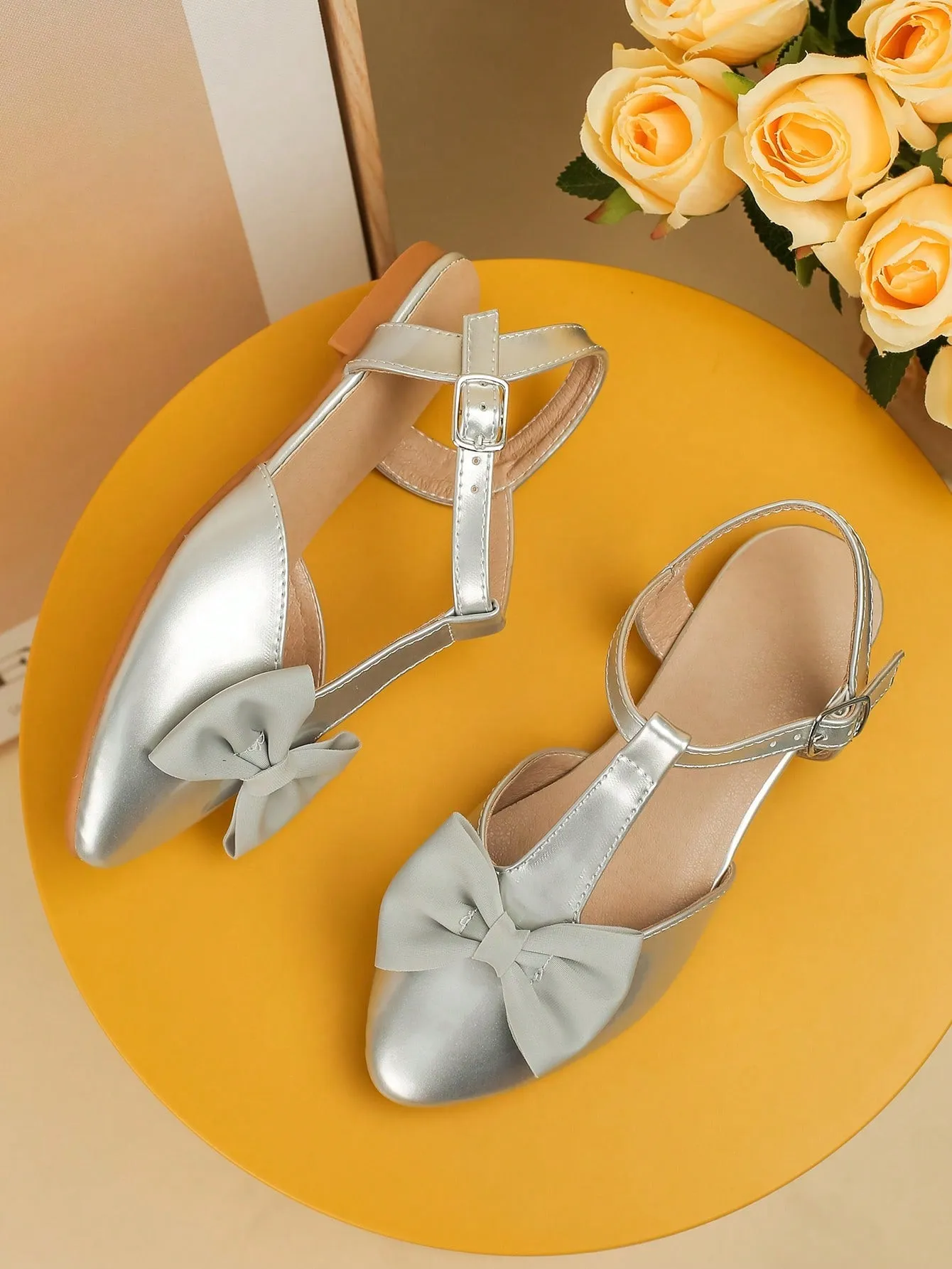 Girls Bow Decor Point Toe Ankle Strap Flats For Party Custom Asics Ex Eo Wrestling Shoes