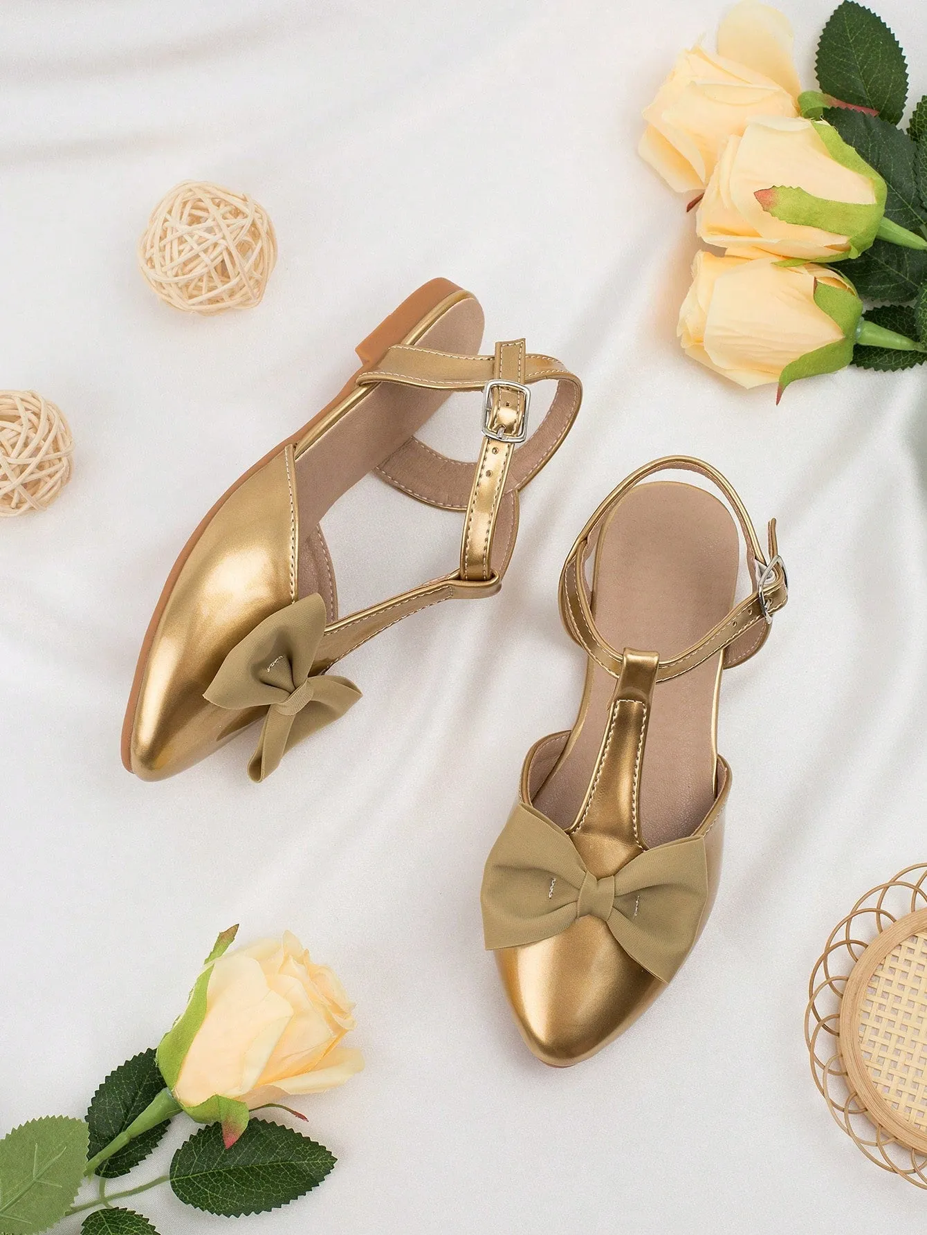 Asics Waterproof Shoes Girls Bow Decor Point Toe Ankle Strap Flats For Party