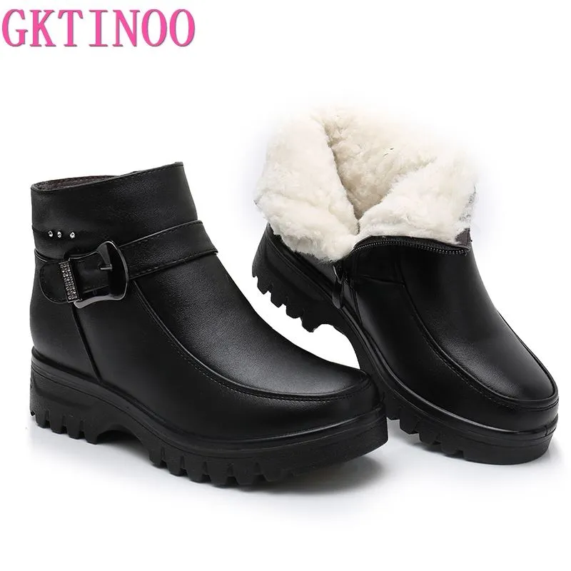 Shoes Snow Boots GKTINOO Fashion Winter Women Genuine Leather Ankle Boots Female Thick Plush Warm Snow Boots Mother Waterproof Non-slip Booties