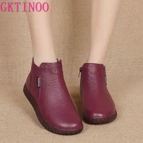Rain Boots In Snow GKTINOO Vintage Handmade Genuine Leather Women Ankle Boots Casual Snow Boots Winter Ladies Flat Shoes Zip Rubber Botines Mujer