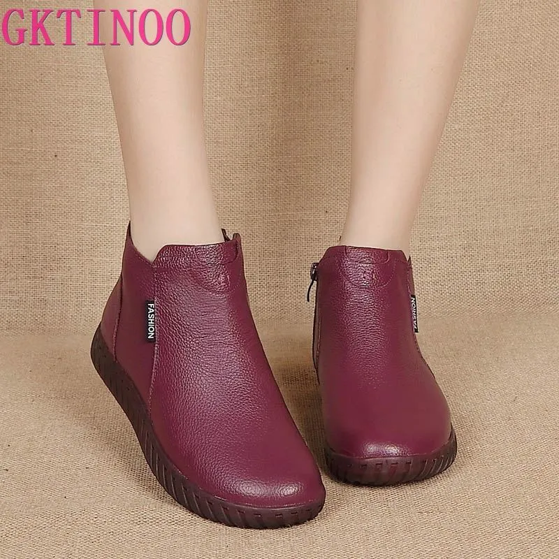 GKTINOO Vintage Handmade Genuine Leather Women Ankle Boots Casual Snow Boots Winter Ladies Flat Shoes Zip Rubber Botines Mujer Roberto Cavalli Snow Boots