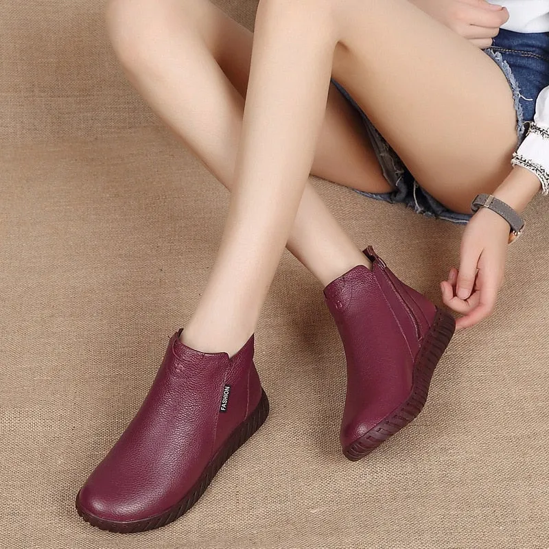 GKTINOO Vintage Handmade Genuine Leather Women Ankle Boots Casual Snow Boots Winter Ladies Flat Shoes Zip Rubber Botines Mujer Workman Snow Boots