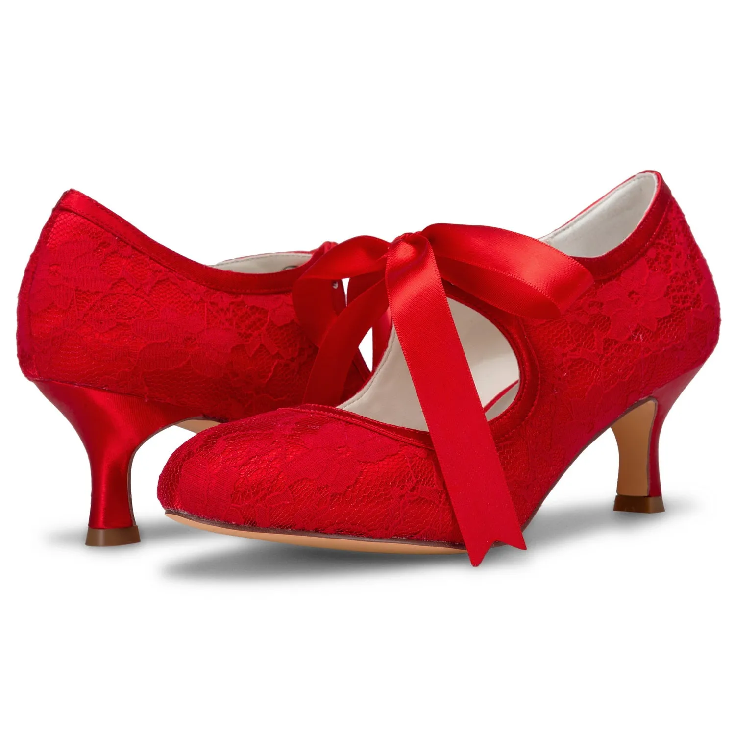 Shoes On Short Dress Women's Bridal Shoes 2.4'' Closed Toe Stiletto Heel Lace Satin Pumps Ribbon Tie Wedding Shoes