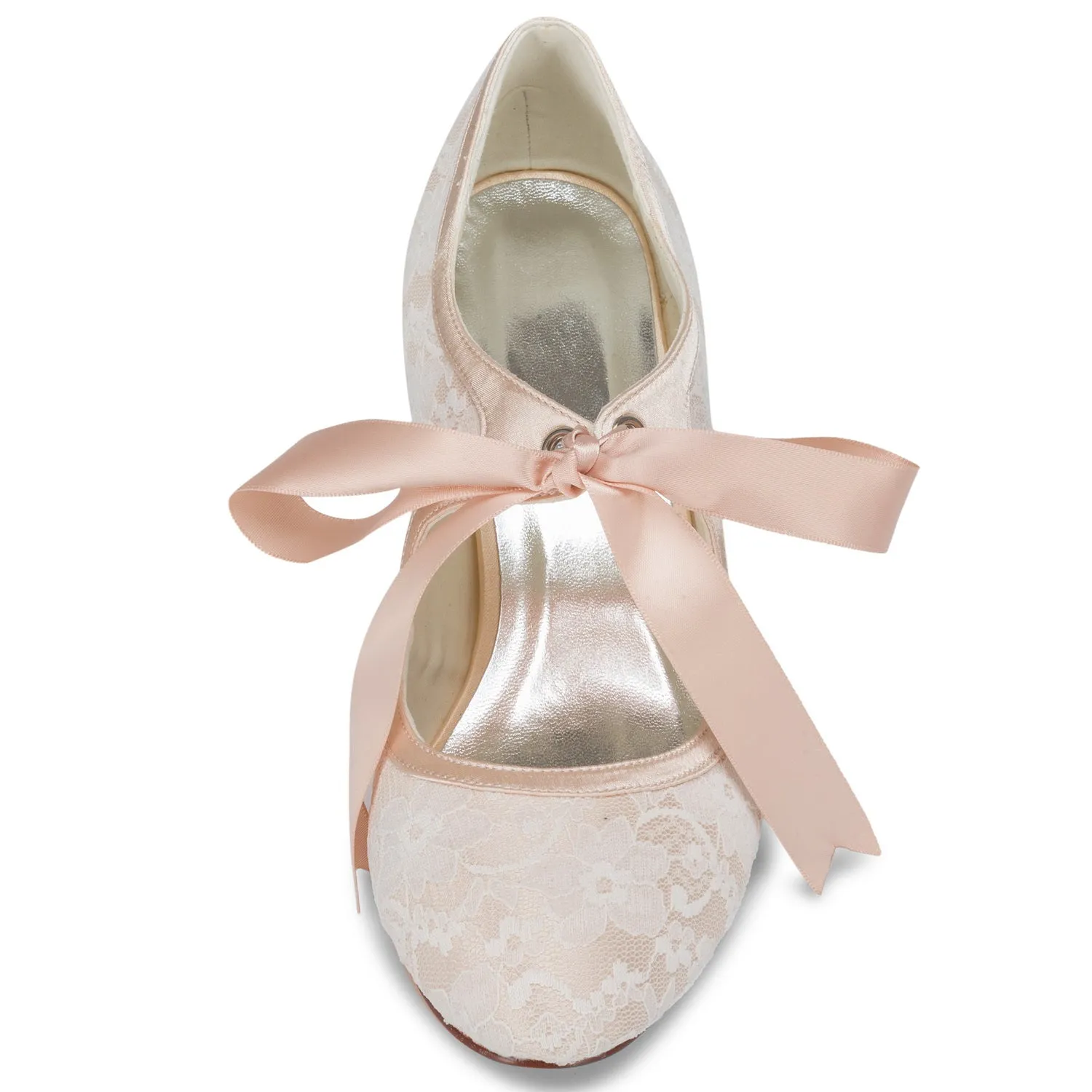 Women's Bridal Shoes 2.4'' Closed Toe Stiletto Heel Lace Satin Pumps Ribbon Tie Wedding Shoes