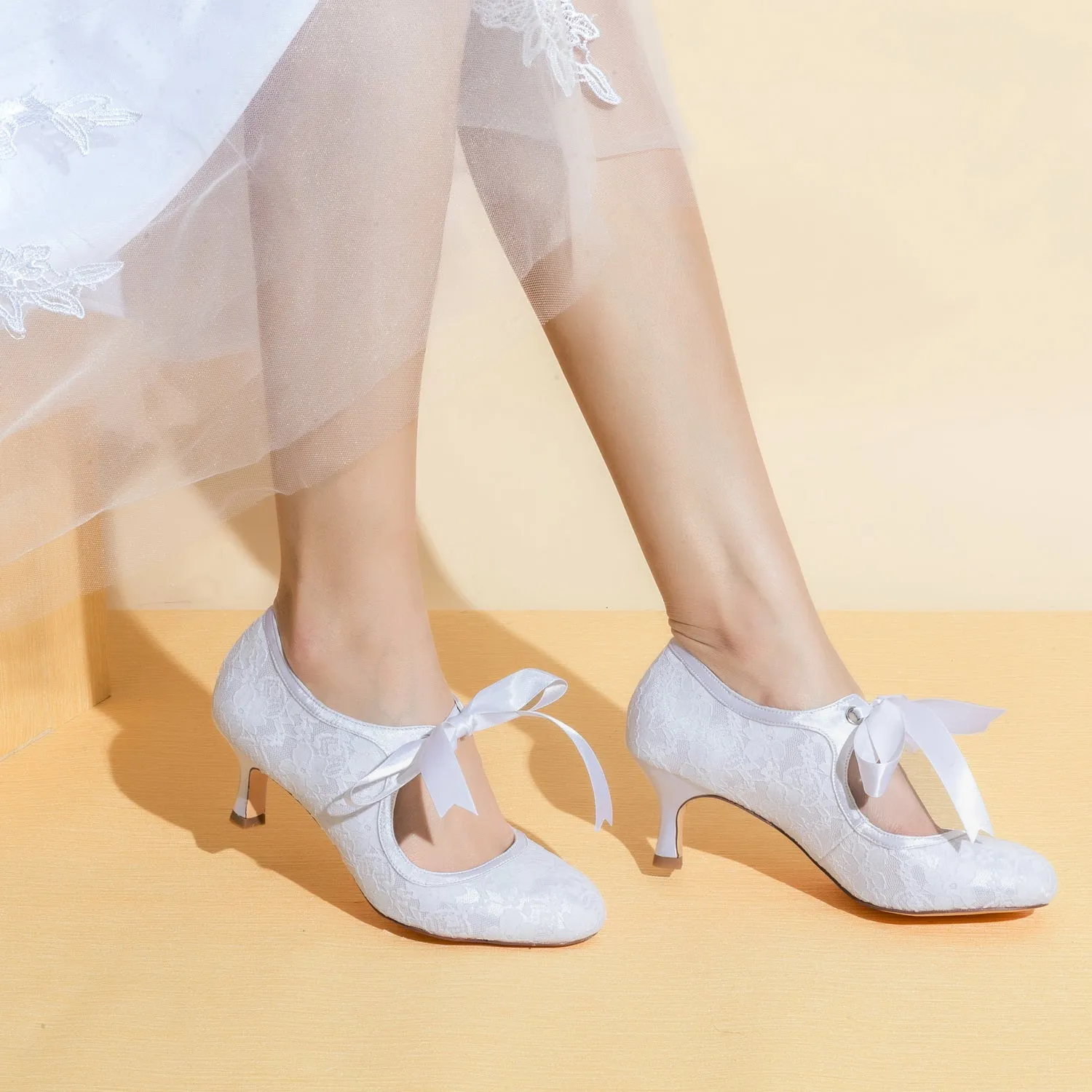 Women's Bridal Shoes 2.4'' Closed Toe Stiletto Heel Lace Satin Pumps Ribbon Tie Wedding Shoes Comfortable Flat Dress Shoes