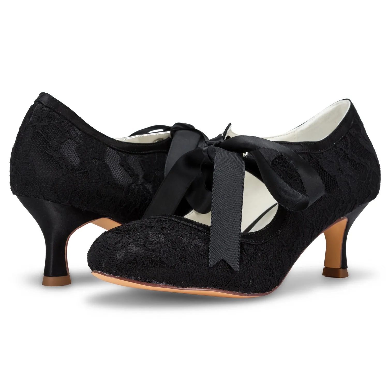 Socks For Dress Shoes Women's Bridal Shoes 2.4'' Closed Toe Stiletto Heel Lace Satin Pumps Ribbon Tie Wedding Shoes