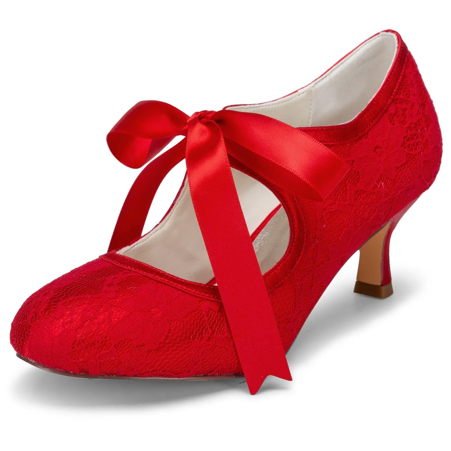 Bottoms Dress Shoes Women's Bridal Shoes 2.4'' Closed Toe Stiletto Heel Lace Satin Pumps Ribbon Tie Wedding Shoes