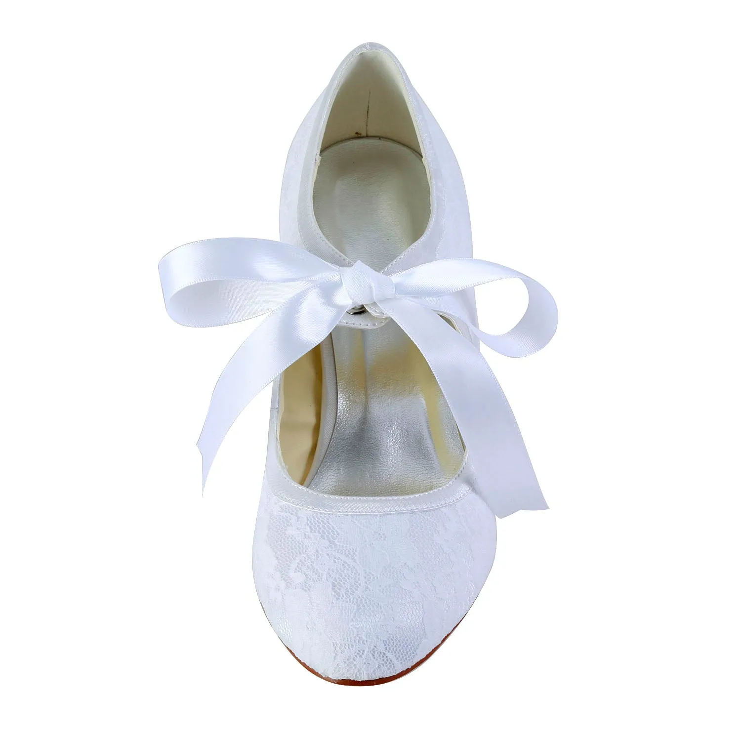 Tennis Shoes That Go With Dresses Women's Bridal Shoes 2.4'' Closed Toe Stiletto Heel Lace Satin Pumps Ribbon Tie Wedding Shoes
