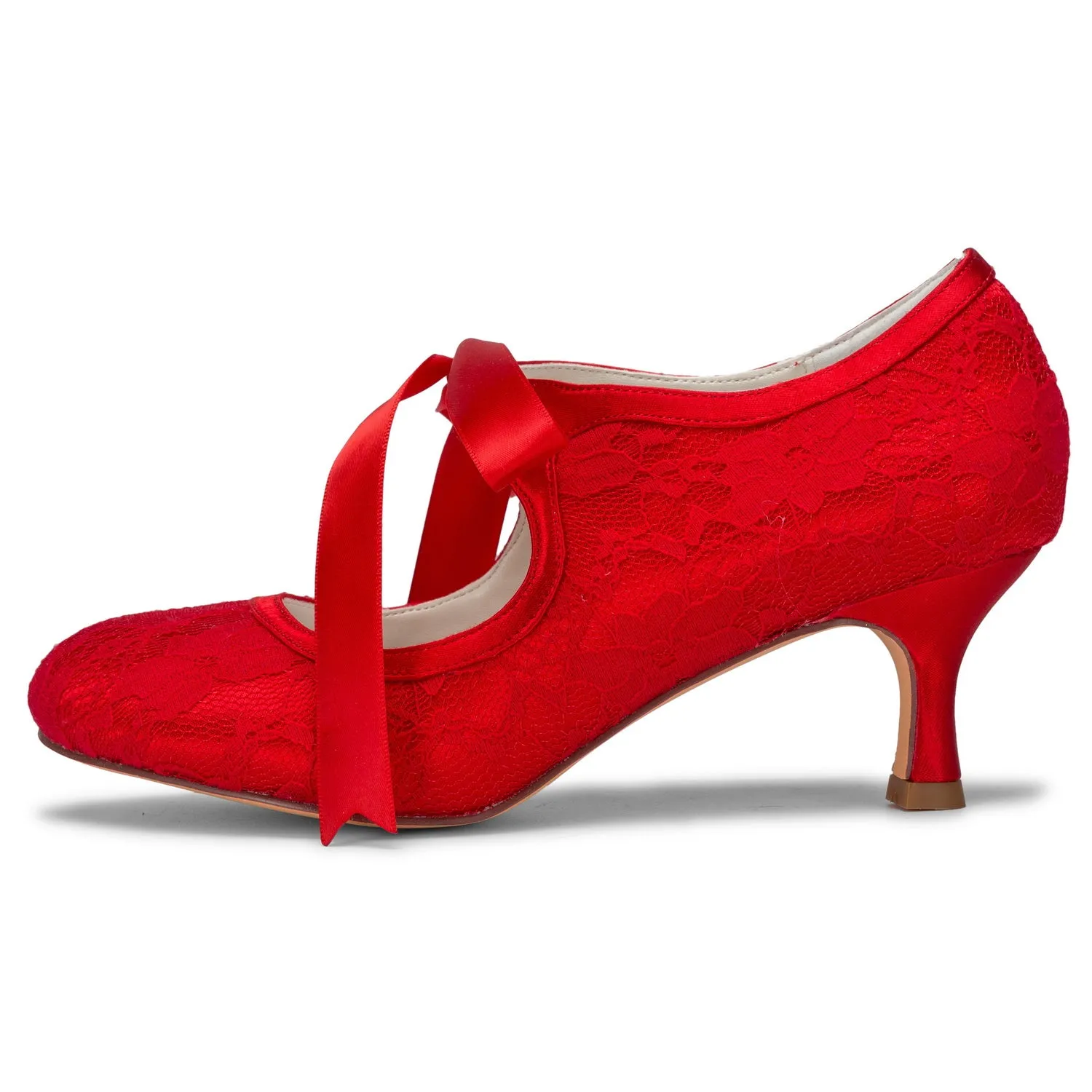 Western Dress Shoes Women's Bridal Shoes 2.4'' Closed Toe Stiletto Heel Lace Satin Pumps Ribbon Tie Wedding Shoes