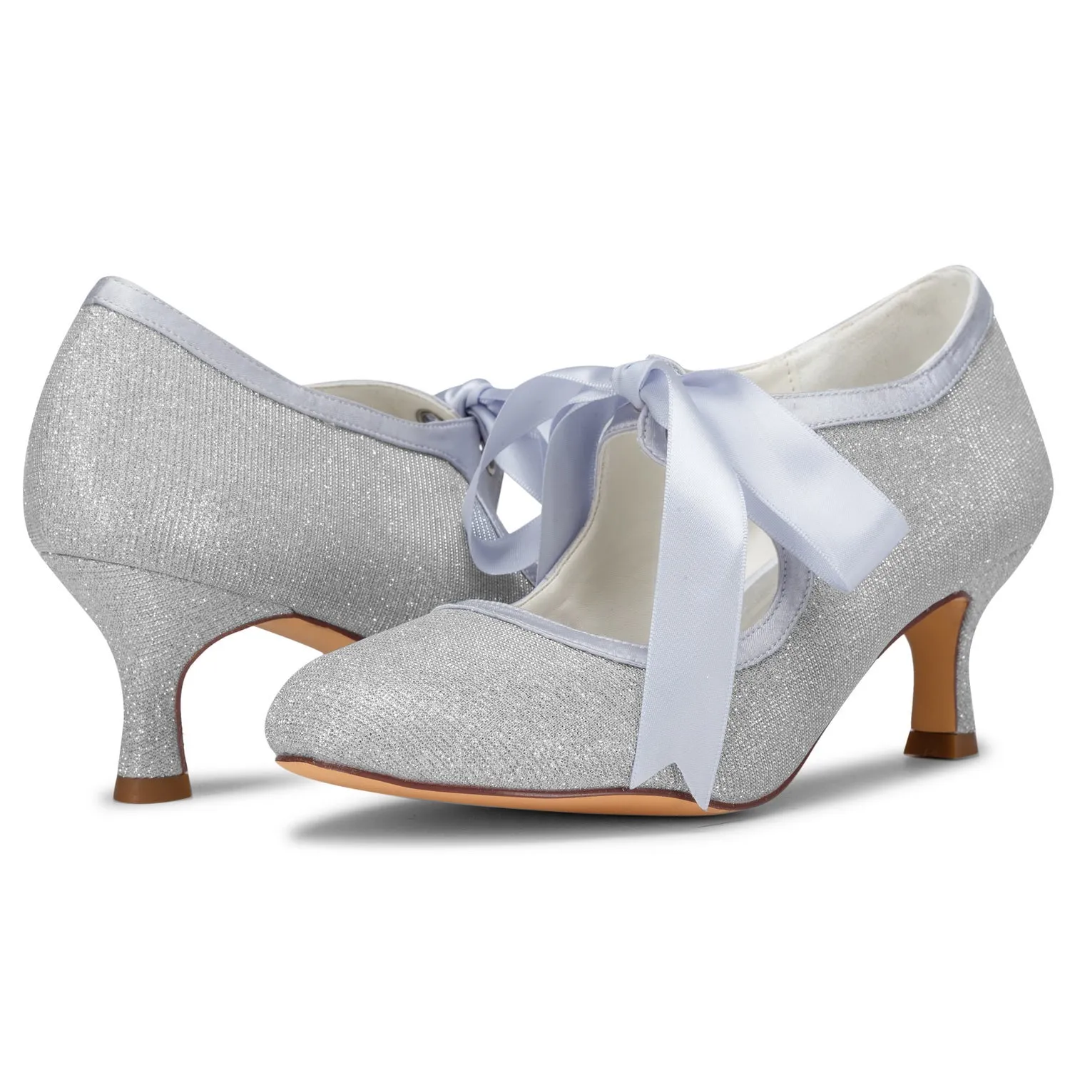 Women's Bridal Shoes 2.4'' Closed Toe Stiletto Heel Lace Satin Pumps Ribbon Tie Wedding Shoes