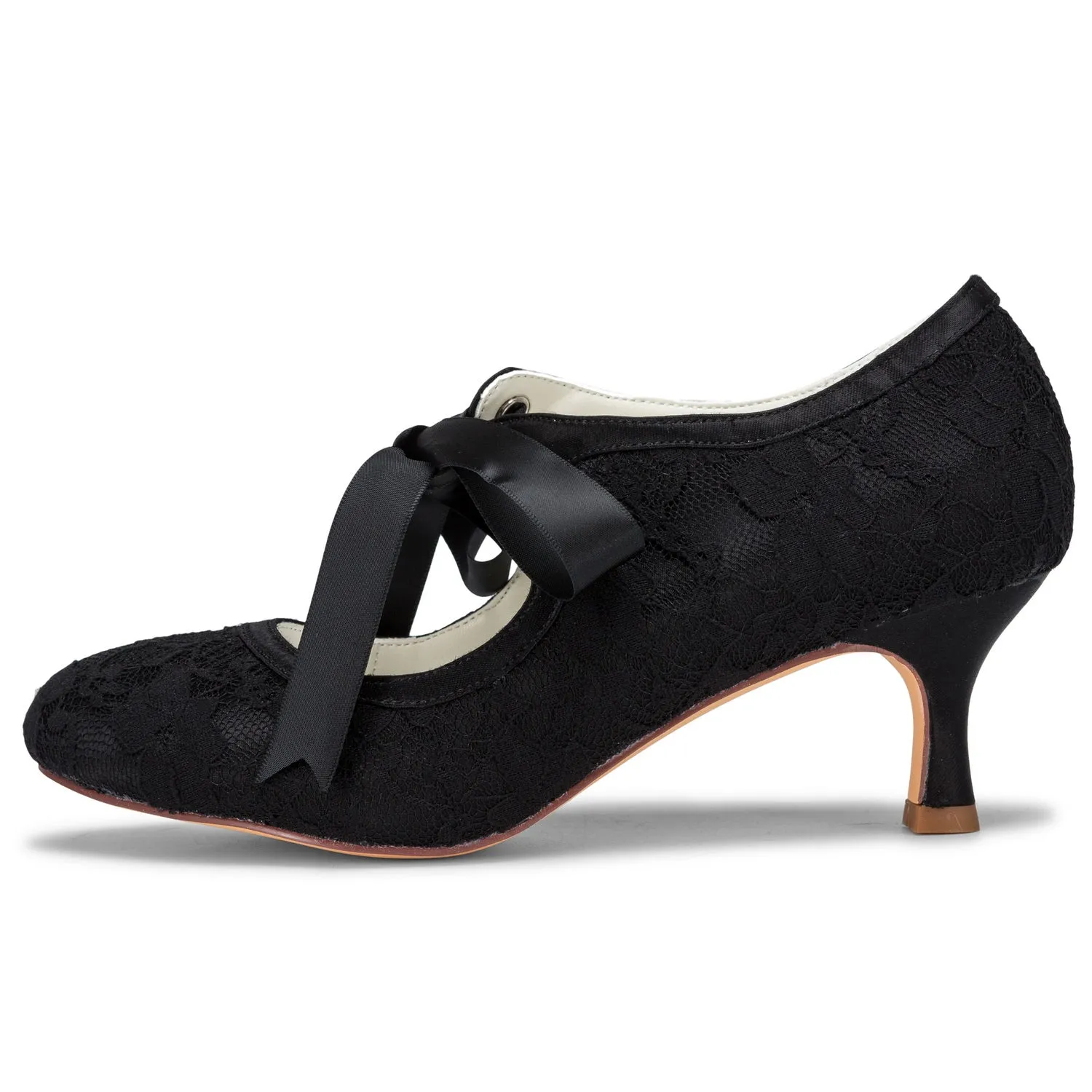 Shoes To Wear With Dress To Wedding Women's Bridal Shoes 2.4'' Closed Toe Stiletto Heel Lace Satin Pumps Ribbon Tie Wedding Shoes