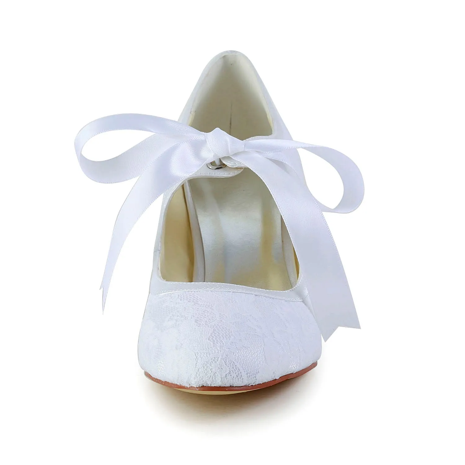 Women's Bridal Shoes 2.4'' Closed Toe Stiletto Heel Lace Satin Pumps Ribbon Tie Wedding Shoes Apartment Dress Shoes