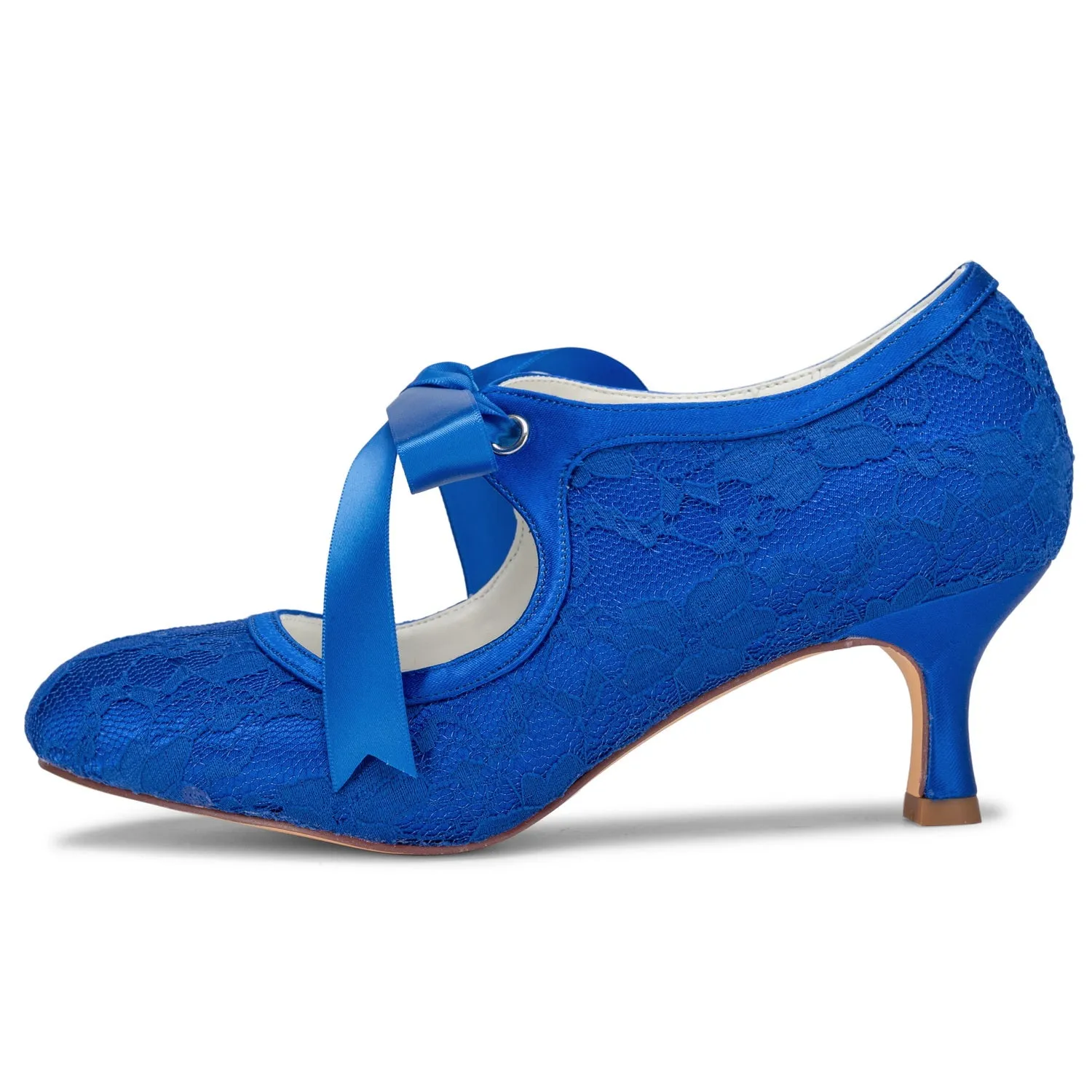 Mesh Dress Shoes Women's Bridal Shoes 2.4'' Closed Toe Stiletto Heel Lace Satin Pumps Ribbon Tie Wedding Shoes