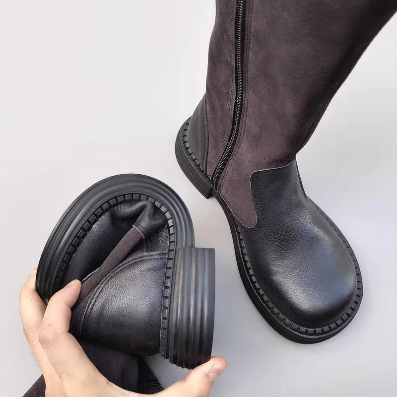 Odr Snow Boots Handmade Leather Knee High Boots Big Toe Splicing Design Riding Boots Black/Brown