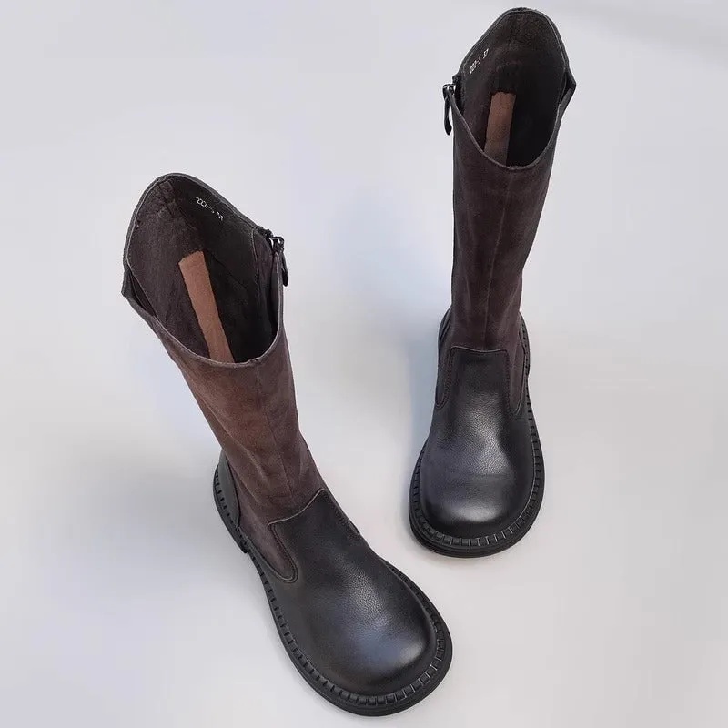 Handmade Leather Knee High Boots Big Toe Splicing Design Riding Boots Black/Brown Best Snow Boots For Wide Feet