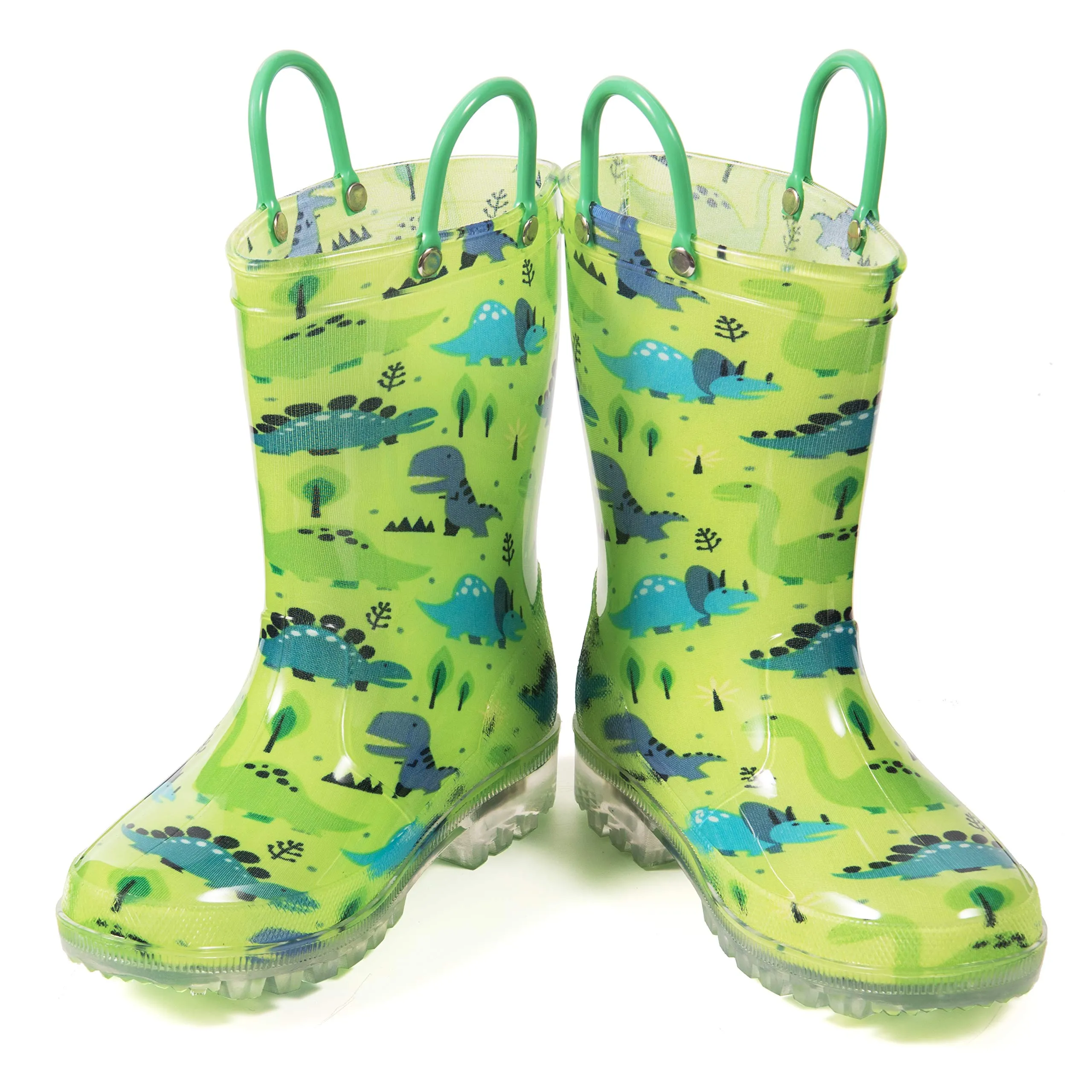 HugRain kids Boys Rain Boots Toddler Light Up Printed Waterproof Shoes Lightweight Adorable Cute Green Dinosaur Rubber with Easy-On Handles and Insole (Size 13,Green) Gore Tex Shoes Adidas