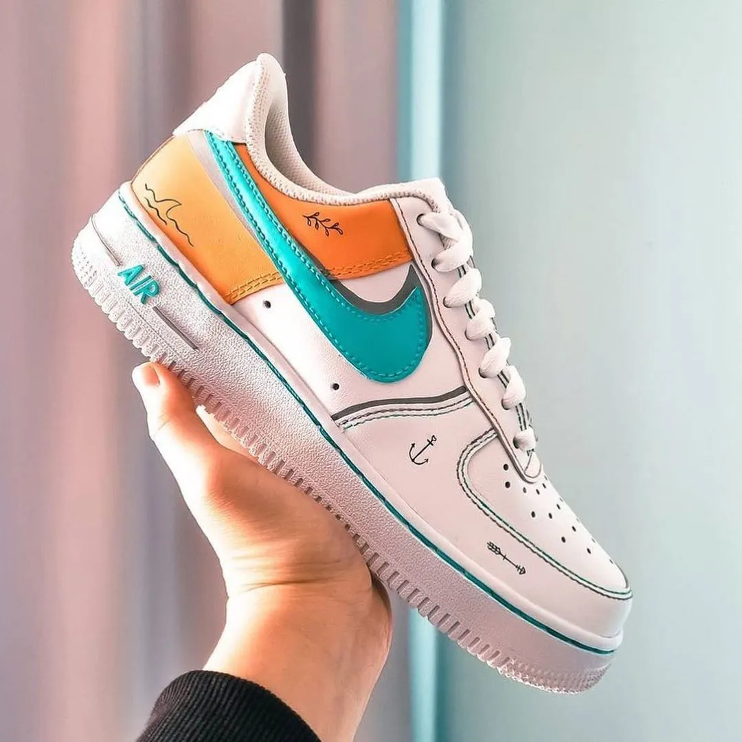 Custom Air Force 1 Orange Blue Grey With Hand-painted Small Patterns Asics Low Heel Drop Running Shoes