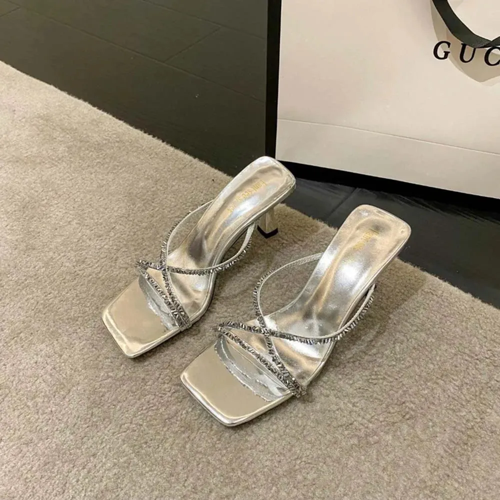 binfenxie  - Fashion Women Slides Slippers Black Silver Party Pumps Thin High Heels 2024 New Arrivals Wedding Shoes Woman Size 35-39 Sexy Oh Them Golden Slippers