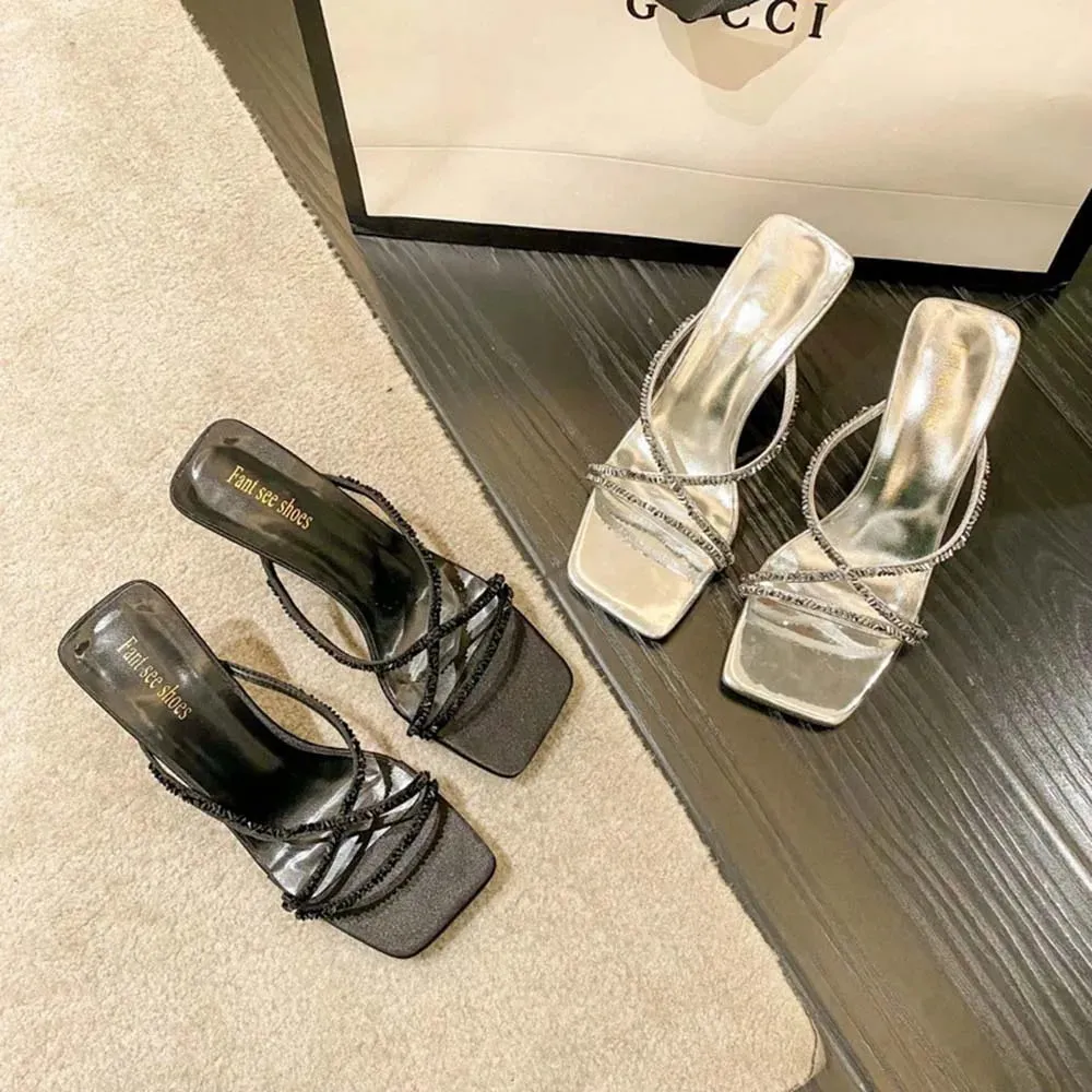 Animated Slippers binfenxie  - Fashion Women Slides Slippers Black Silver Party Pumps Thin High Heels 2024 New Arrivals Wedding Shoes Woman Size 35-39 Sexy