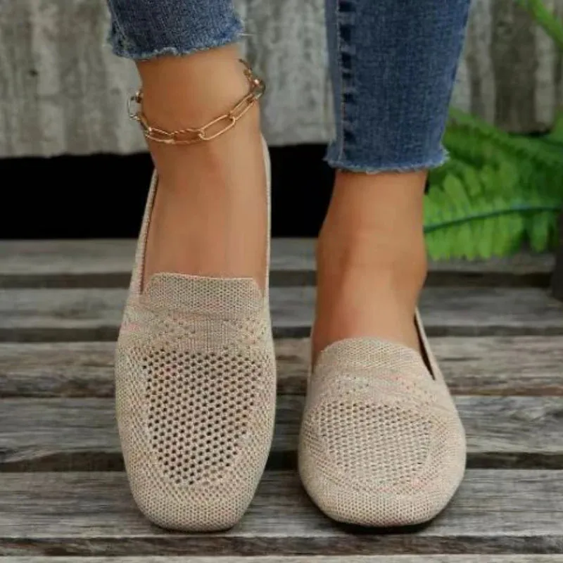 2024 Solid Color Square Toe Mesh Loafers Shallow Women Flats Shoes Soft Bottom Knit Ballet Flats Shoes Casual Slip on Boat Shoes T Bar Loafers