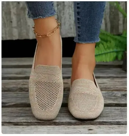 Slip-on Loafers Casual 2024 Solid Color Square Toe Mesh Loafers Shallow Women Flats Shoes Soft Bottom Knit Ballet Flats Shoes Casual Slip on Boat Shoes