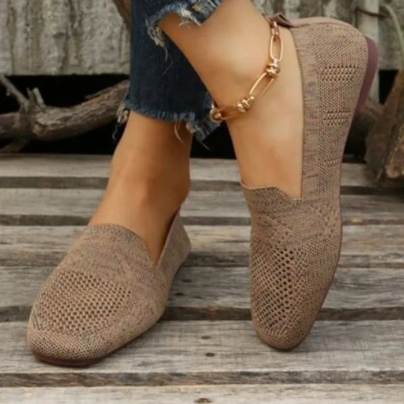 2024 Solid Color Square Toe Mesh Loafers Shallow Women Flats Shoes Soft Bottom Knit Ballet Flats Shoes Casual Slip on Boat Shoes Loafers With Skinny Jeans