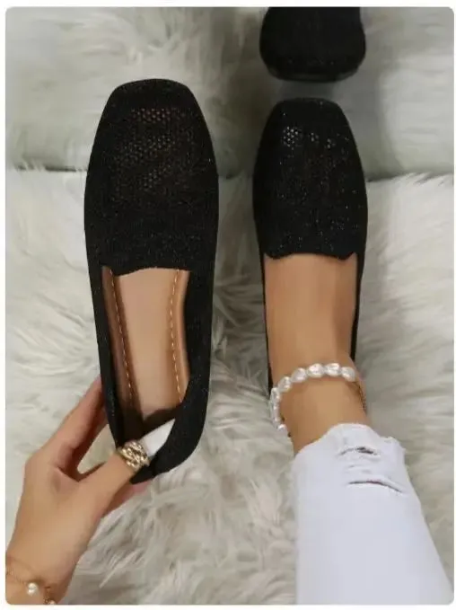 Slingback Loafers 2024 Solid Color Square Toe Mesh Loafers Shallow Women Flats Shoes Soft Bottom Knit Ballet Flats Shoes Casual Slip on Boat Shoes