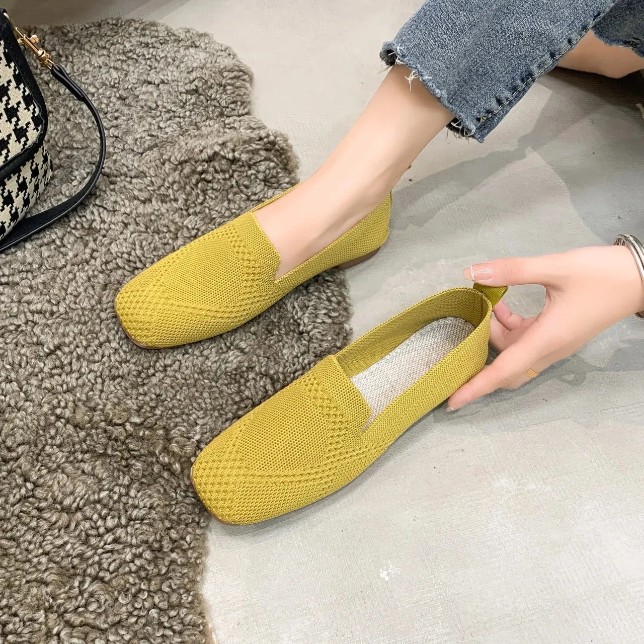 Calfskin Loafers 2024 Solid Color Square Toe Mesh Loafers Shallow Women Flats Shoes Soft Bottom Knit Ballet Flats Shoes Casual Slip on Boat Shoes