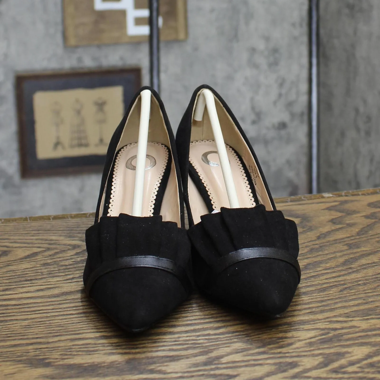 Journee Collection Mica Faux Suede Pointed Toe Ruffle Skinny Heels Black 6M Locking Metal High Heels