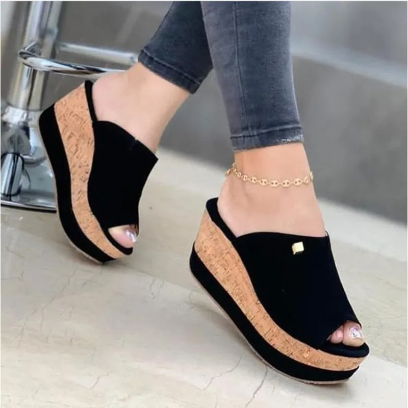 Purpdrank - Slippers Summer Clogs Wedges Retro Fish Mouth Large Size Sandals Women High Heel Platform Solid Color Plus Size Shoes Sandalias Ryka Shoes Vs Asics