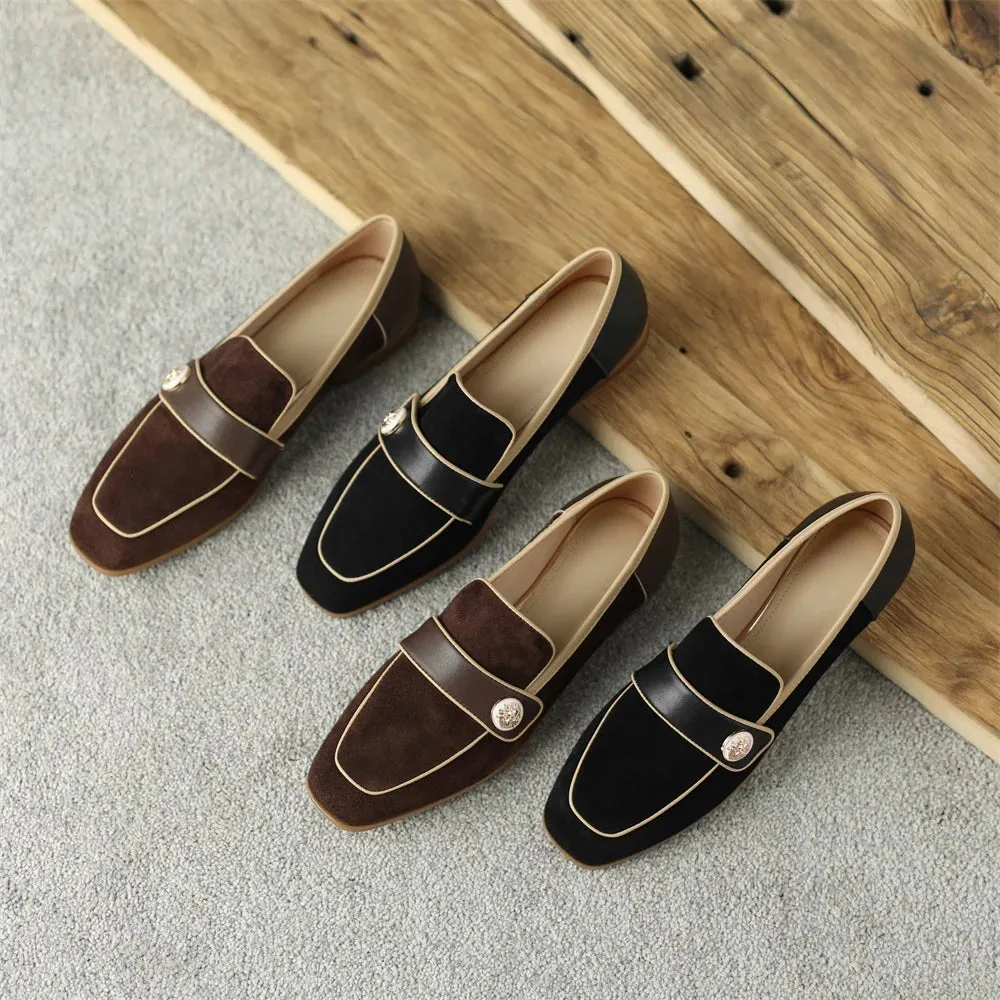 Ferragamo Ornament Loafers Loafers For Women Block Heels with Metal Buttons, Kid Suede Loafers Square toe Low-heeled Slip on Casual Shallow Work Shoes