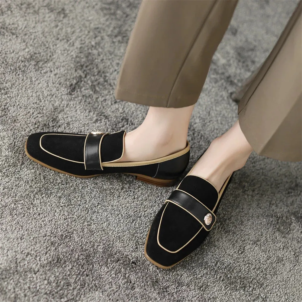 Loafers For Women Block Heels with Metal Buttons, Kid Suede Loafers Square toe Low-heeled Slip on Casual Shallow Work Shoes Loafers Amazon