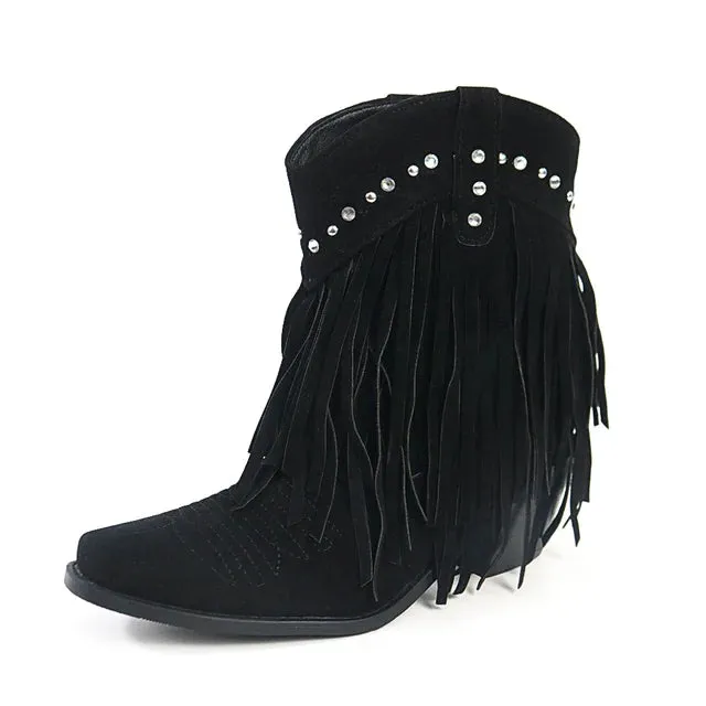 Burgundy Knee High Boots Sylis | Cowboy ankle boots with fringed tassel