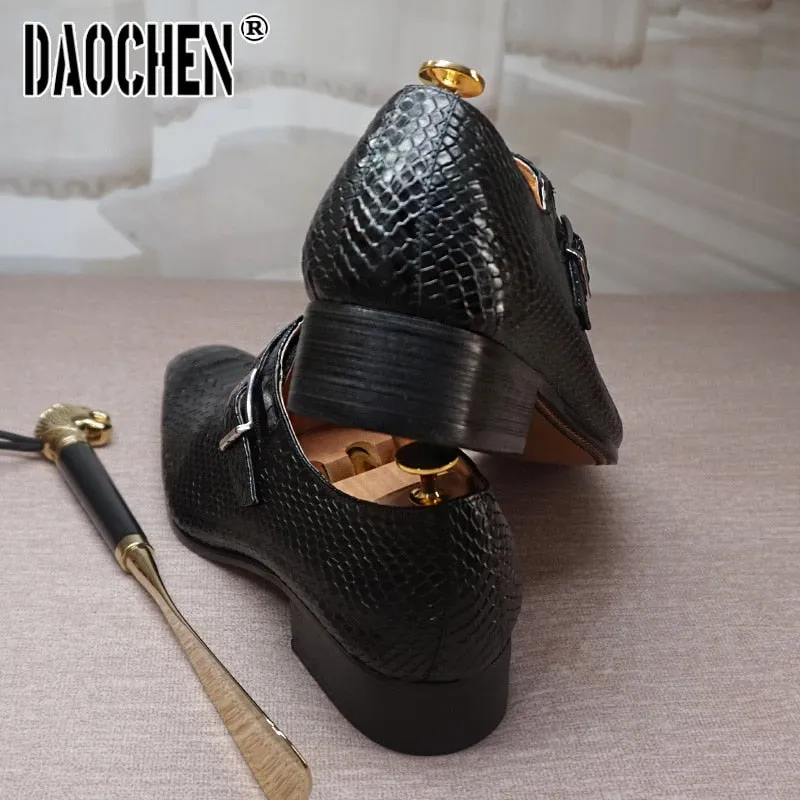 Luxury Men's Loafers Dress Shoes Snake Prints Formal Men Casual Shoes Black Brown Monk Loafers Office Wedding Leather Shoes Men Uptown Loafers Reviews