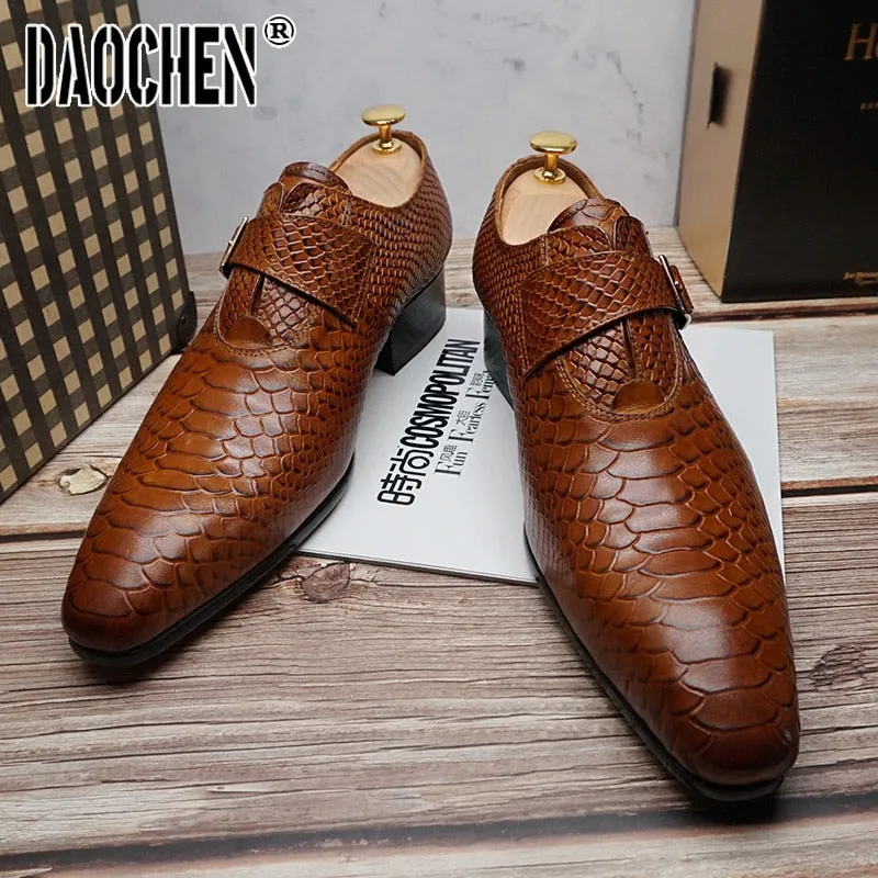 Luxury Men's Loafers Dress Shoes Snake Prints Formal Men Casual Shoes Black Brown Monk Loafers Office Wedding Leather Shoes Men Wide Width Platform Loafers