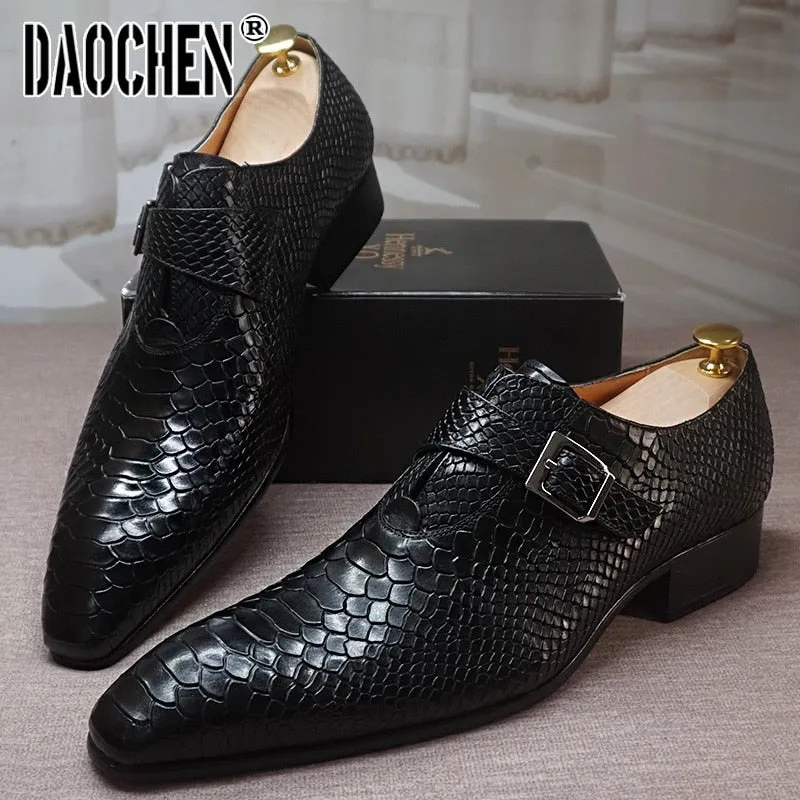 Wide Fit Loafers Luxury Men's Loafers Dress Shoes Snake Prints Formal Men Casual Shoes Black Brown Monk Loafers Office Wedding Leather Shoes Men