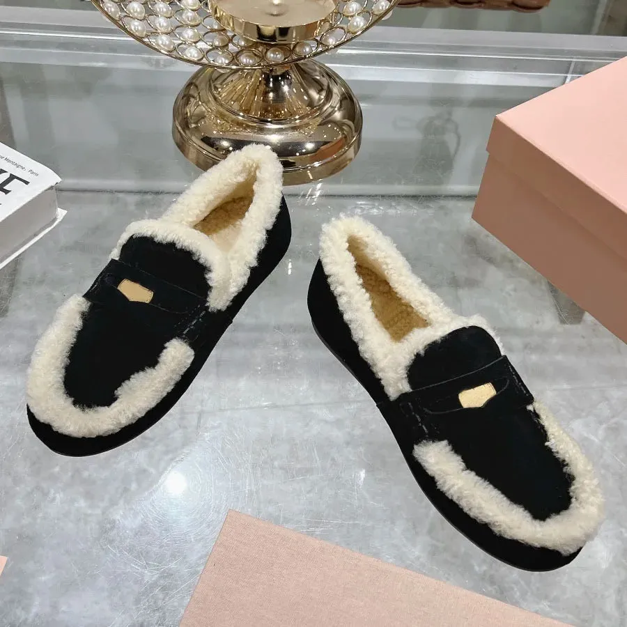 LVSANW 2024 Winter Retro Women's Lamb Wool Shoes Warm Flat Loafers Women Ankle Boots Lazy Driving Shoes Thicken Cotton Comfort Shoes Loafers Doc Marten