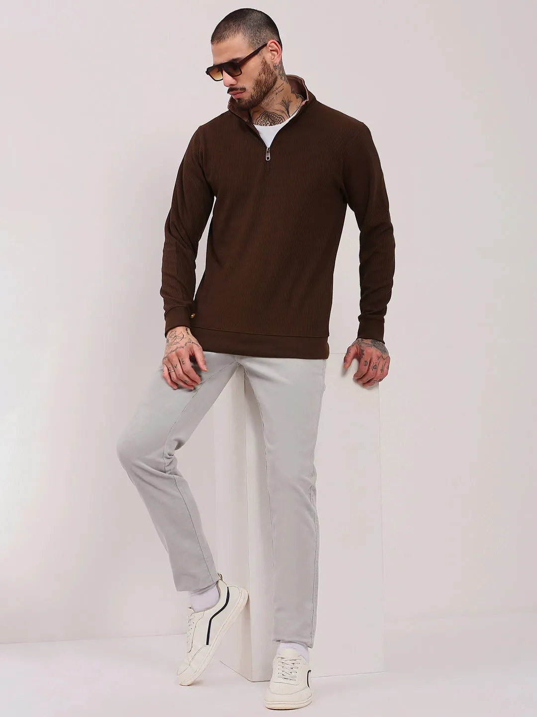 Men's Brown Solid Ribbed Half Zipper Pullover Custom Orthopedic Work Boots