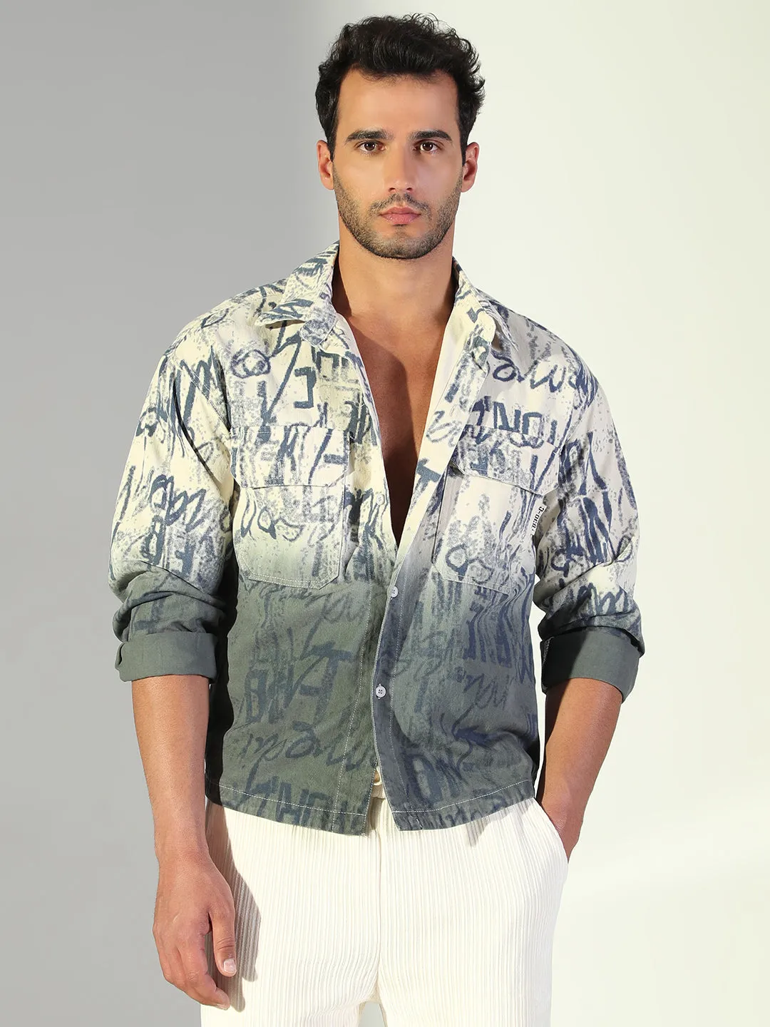 Used Work Boots Near Me Men's Typography Ombre Cream Shacket