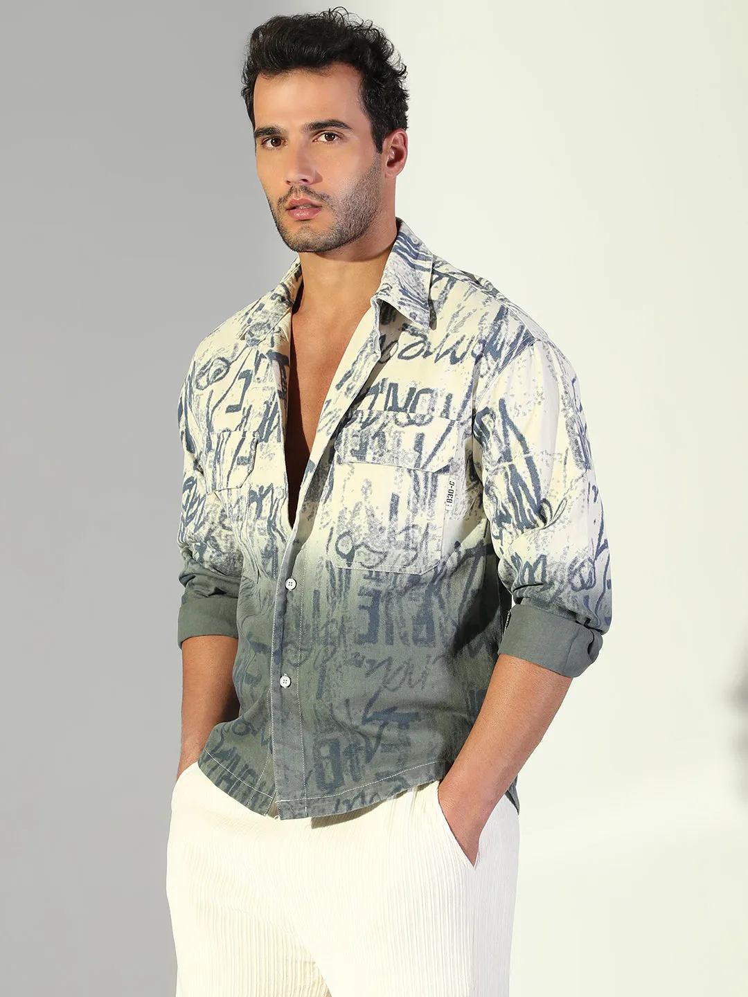 Men's Typography Ombre Cream Shacket High Ankle Work Boots