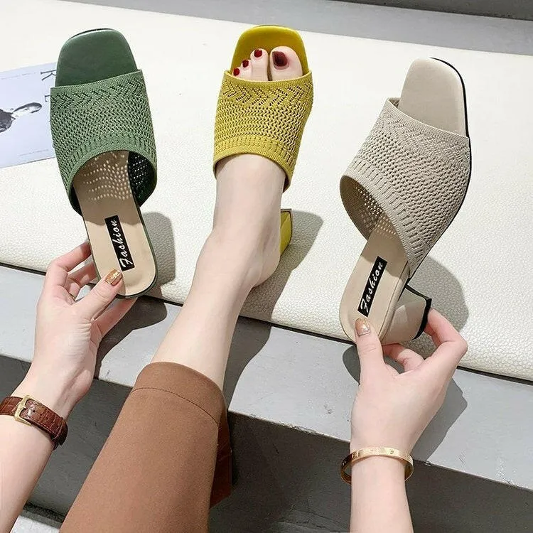 Mid Heel Sandals and Slippers for Women's Summer New Korean Edition Flying Weave Outerwear Fashion Women's Sandals and Slippers North Face Slippers Corduroy