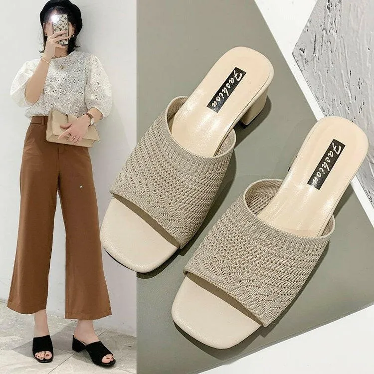 Way Soft Slippers Mid Heel Sandals and Slippers for Women's Summer New Korean Edition Flying Weave Outerwear Fashion Women's Sandals and Slippers